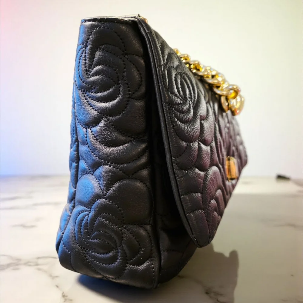 SALE!! Anna Paola Genuine Leather Black Rose Handbag - Picture 2 of 10